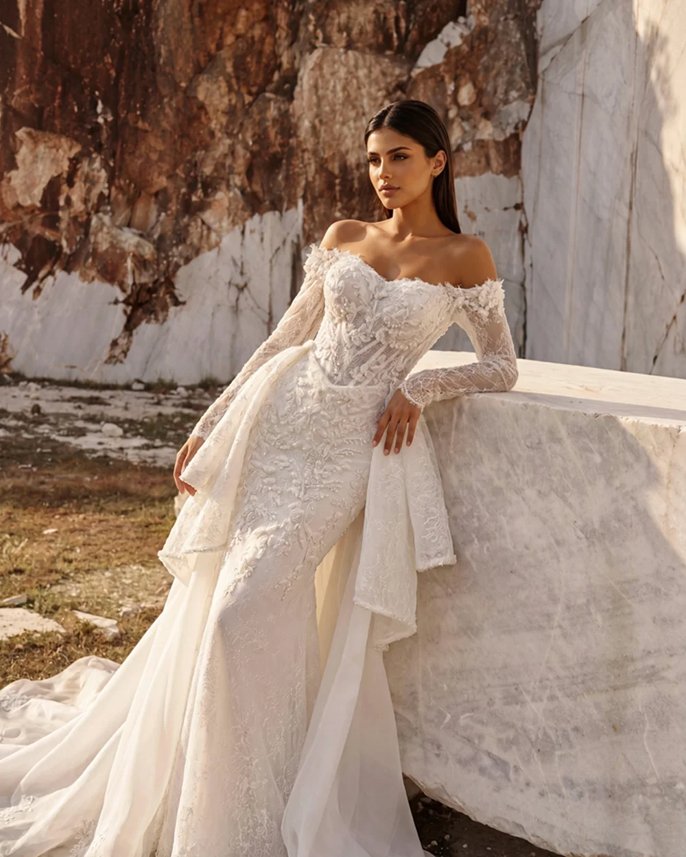 Maßgeschneidertes schulterfreies Spitzen-Brautkleid mit abnehmbarer Schleppe, rückenfrei, Applikationen, Hochzeitskleider 2026 Vestido De Noiva – Detail 5