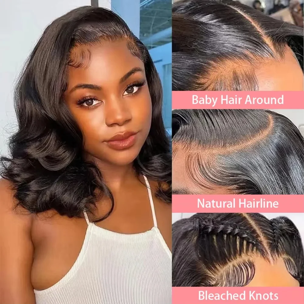 Parrucca Bob con onda frontale in pizzo 13x4 densità 180% capelli umani brasiliani neri naturali 360 parrucca piena con chiusura in pizzo senza colla per le donne