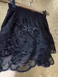Beaded 3D Big Bow Stitch Pantalones Cortos 2026 Summer Lace Embroidery Shorts Women's Short Pants Elastic Waist Short Trousers