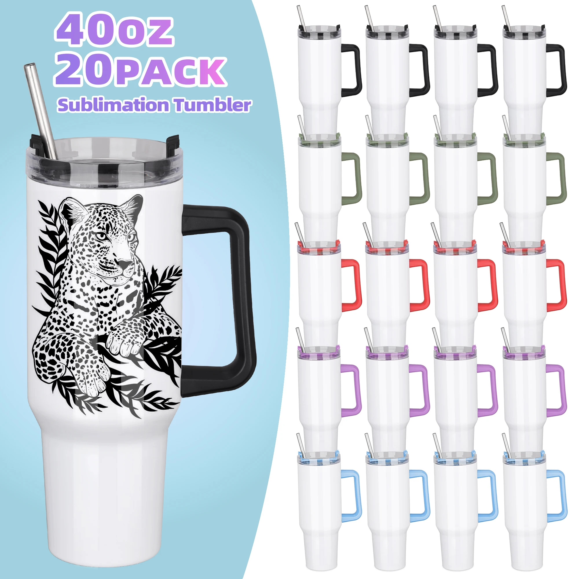 

FASTSUB 40 oz Sublimation Tumblers with Removable Handle Bulk 12/20 Pack, Stainless Steel Double Wall Vacuum Sublimation Cups