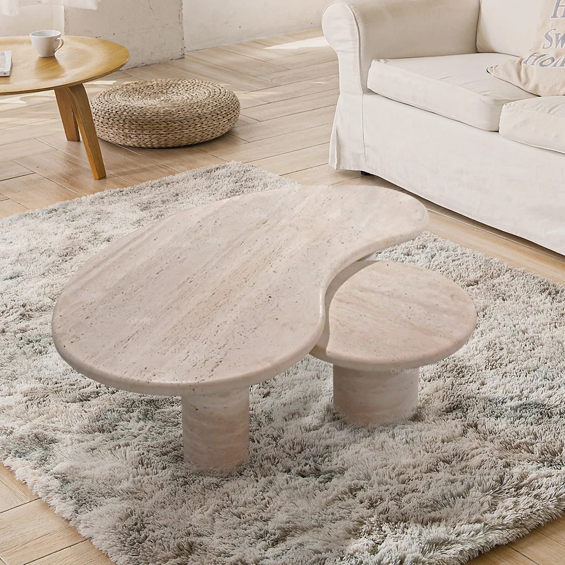 Modern Minimalist Natural Stone Couple Tables Beige Limestone Marble Nero Margiua Travertine Nesting Coffee Table