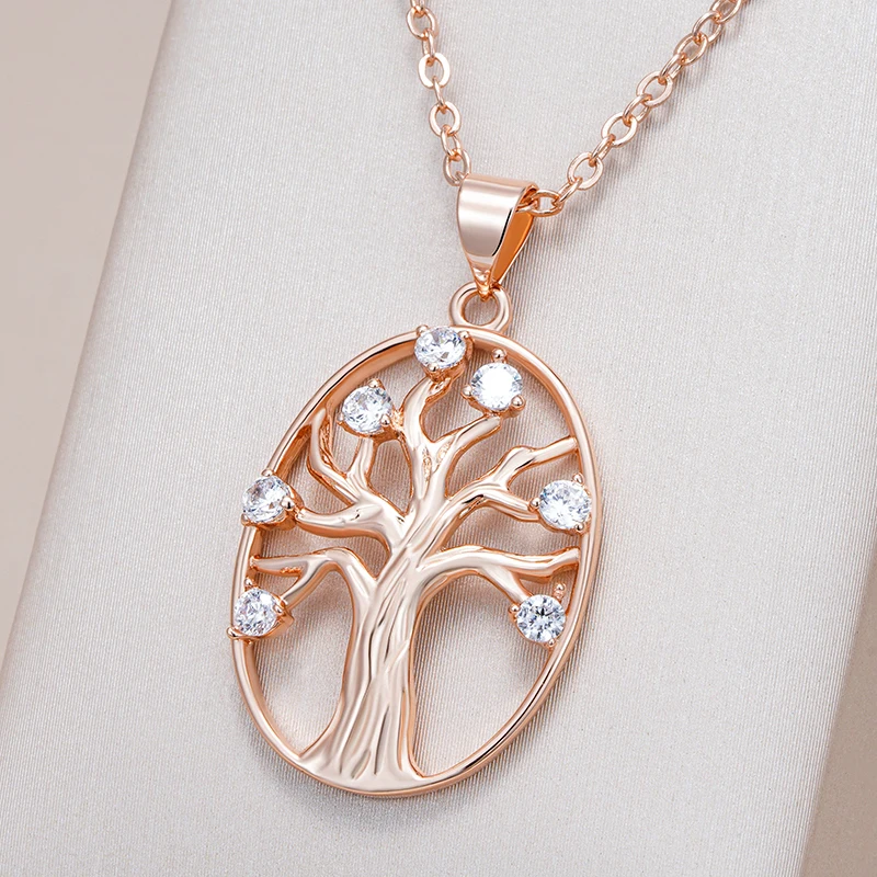 Kinel Hot 585 Rose Gold Color Lucky Tree Pendant Necklace for Women Natural Zircon Pendant For Woman Vintage Daily Fine Jewelry