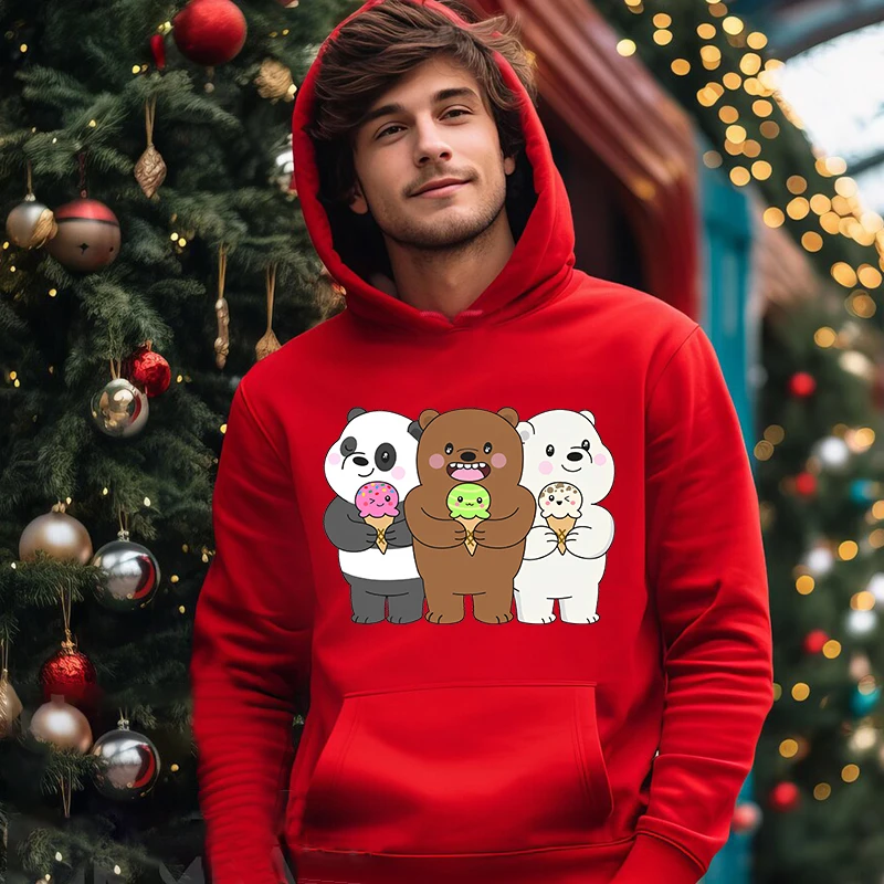 We Bare Bears Printed Men's Autumn and Winter Hoodies Casual Tops Loose Men's Clothing Plush Sports Sweatshirts