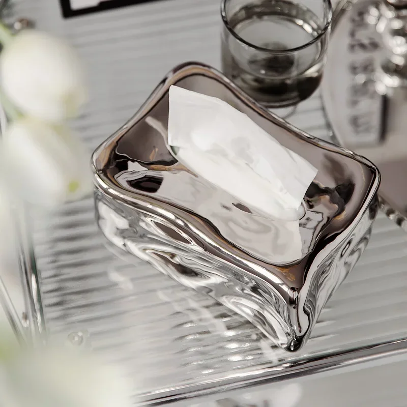 Luxury Ceramic Tissue Box Ice Cube Design High-end Plated Metal Tissue Holder Ins Tea Table Storage Decorative Ornament