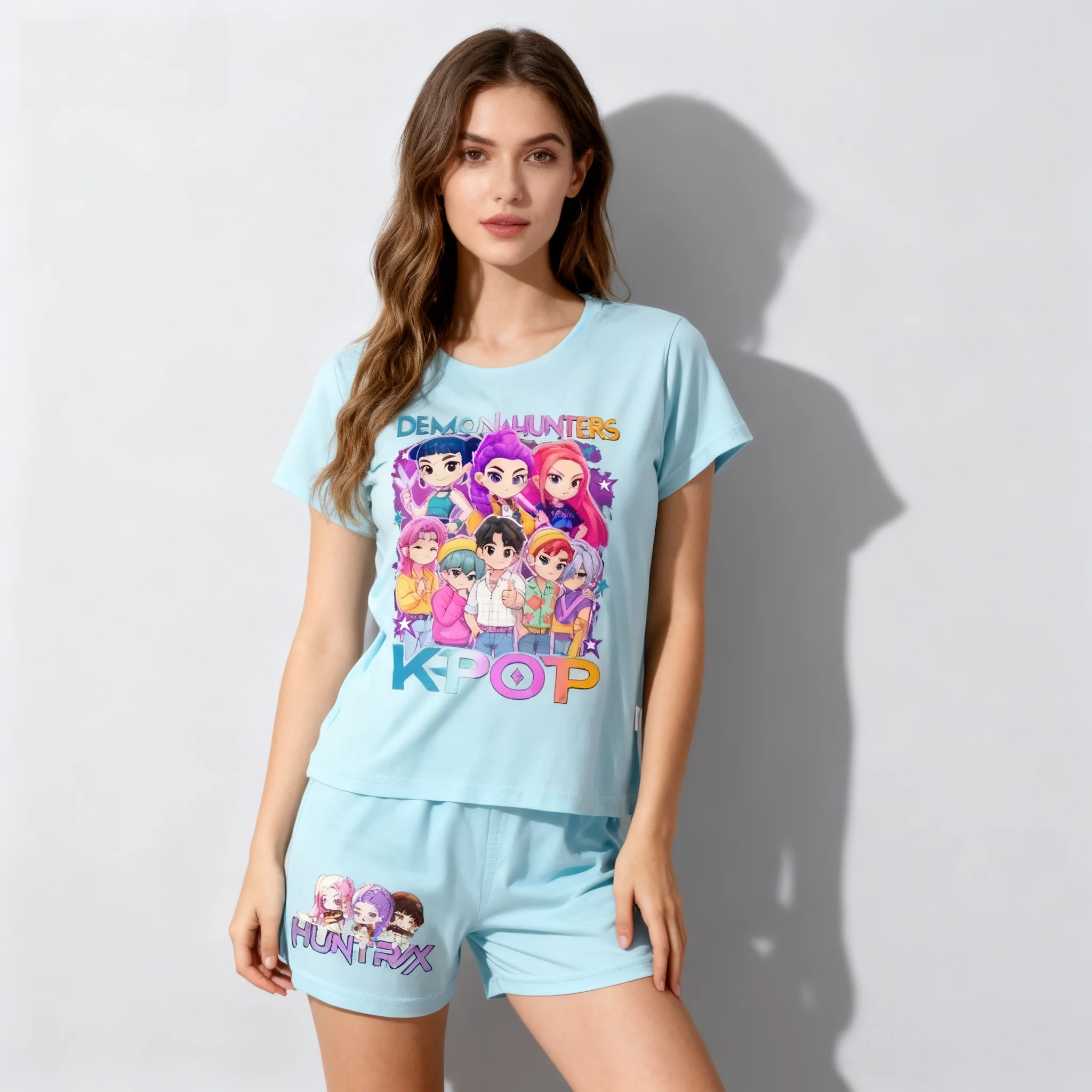 

2025 Summer KPOP Witch Hunt Sweet Cool Set American Korean Style Street T-shirt Shorts Lazy Style Oversized Women Adult Children