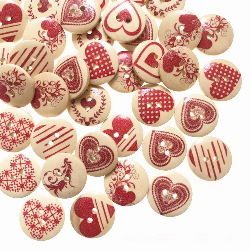 

100Pcs 15mm Natural Flat Round Printed Wood Buttons 2-Hole Flat Round with Heart Decorative Wooden Buttonsfor DIY Sewing