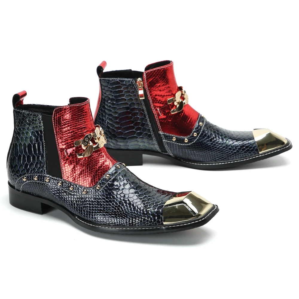 

Snake Print Multicolor Stitching Chelseas Ankle Boots Metal Square Toe High Heel Performance Shoes Men's Genuine Leather Boots