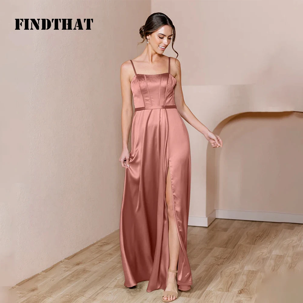 Findthat Elegant Square Collar Bone Satin Bridesmaid Dress 2024 Spaghetti-Strap A-Line Evening Party Gown with Slit Floor Length