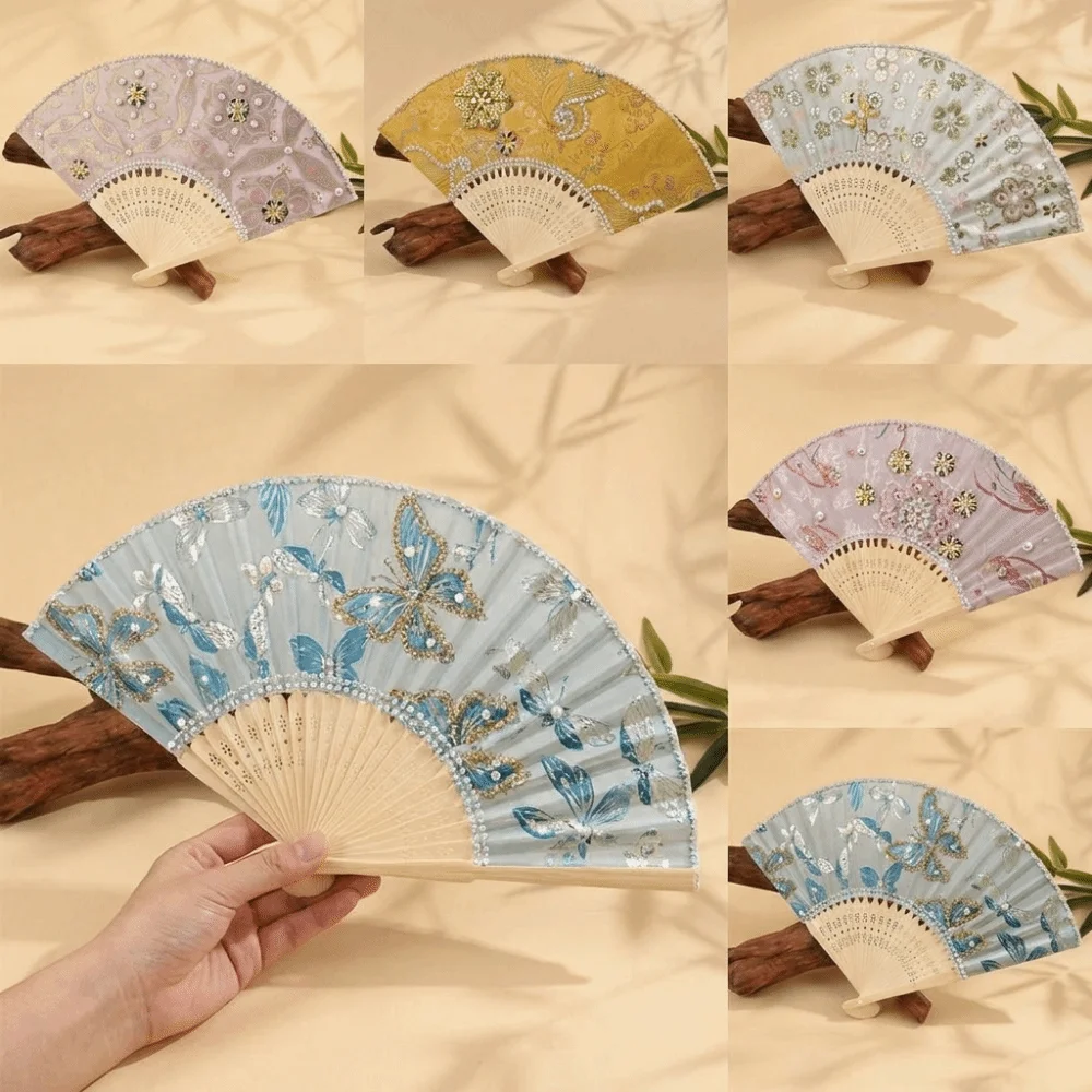 Traditional Pearl Folding Fan Portable Fabric Chinese Style Fan DIY Craft Kit Butterfly Floral Print Hand Fan Art Craft Project