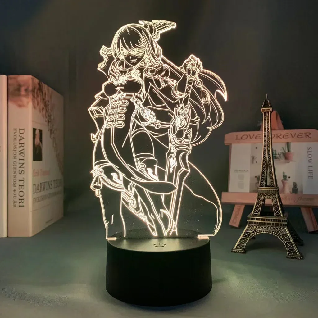 Lámpara de Anime Genshin Impact 3D, luz LED Hu Tao Albedo Zhongli Yae Miko, figura de acción, lámpara de mesita de noche para dormitorio de niños, decoración