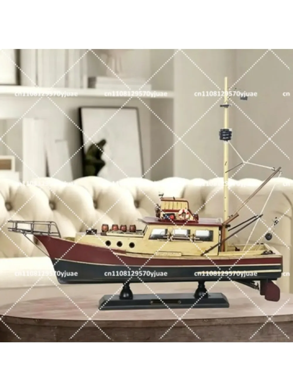37cm Wooden Fishing Boat Model, Retro Seaside Nautical Ornament Home