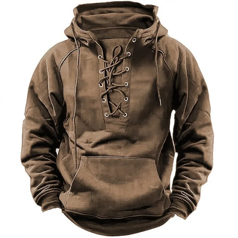 Spring and autumn Men's Hooded Solid Color Sweater European and American Youth sports Multi-pocket Leather tooling