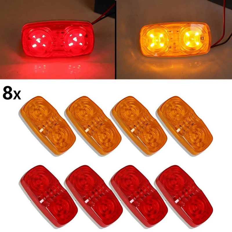 8X Led Camper Exterior Lights RV Trailer Marker Lights Double Bullseye Side Fender Lights 10 Diodes Lights 4 Red+4 Amber