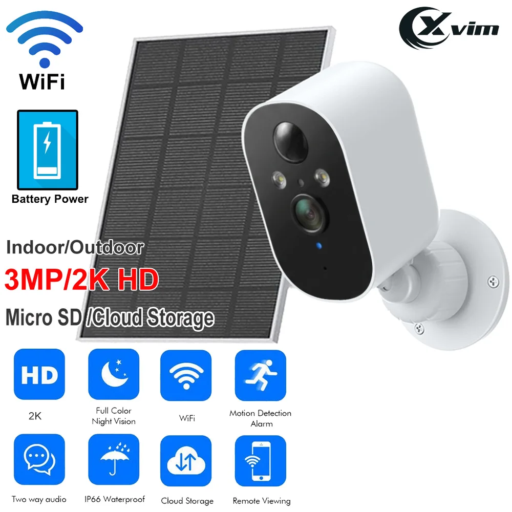 2K WiFi Camera Solar Battery Outdoor Wireless Solar Powered Security Camera HD with PIR Motion Sensor, Colour Night Vision,Audio