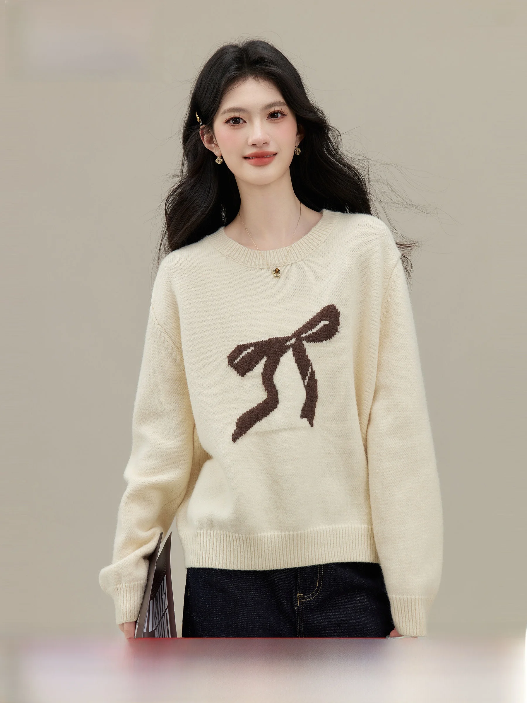 

Ретро-свитер с узлами женский осенне-зимний новый, вязаный топ Lingjiu белый, свободный крой, длинный рукав