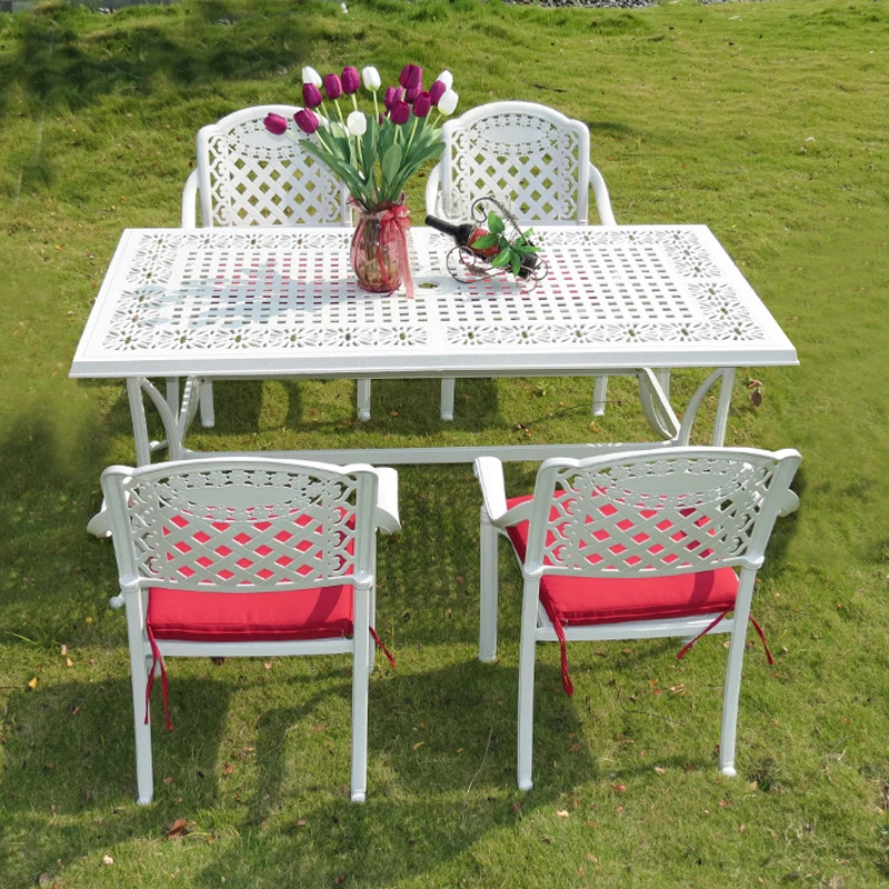

White Cast Aluminum Table and Chairs Metal Garden Patio Table Chair for Restaurant Patio Terrace Courtyard Outdoor or Hotel Use