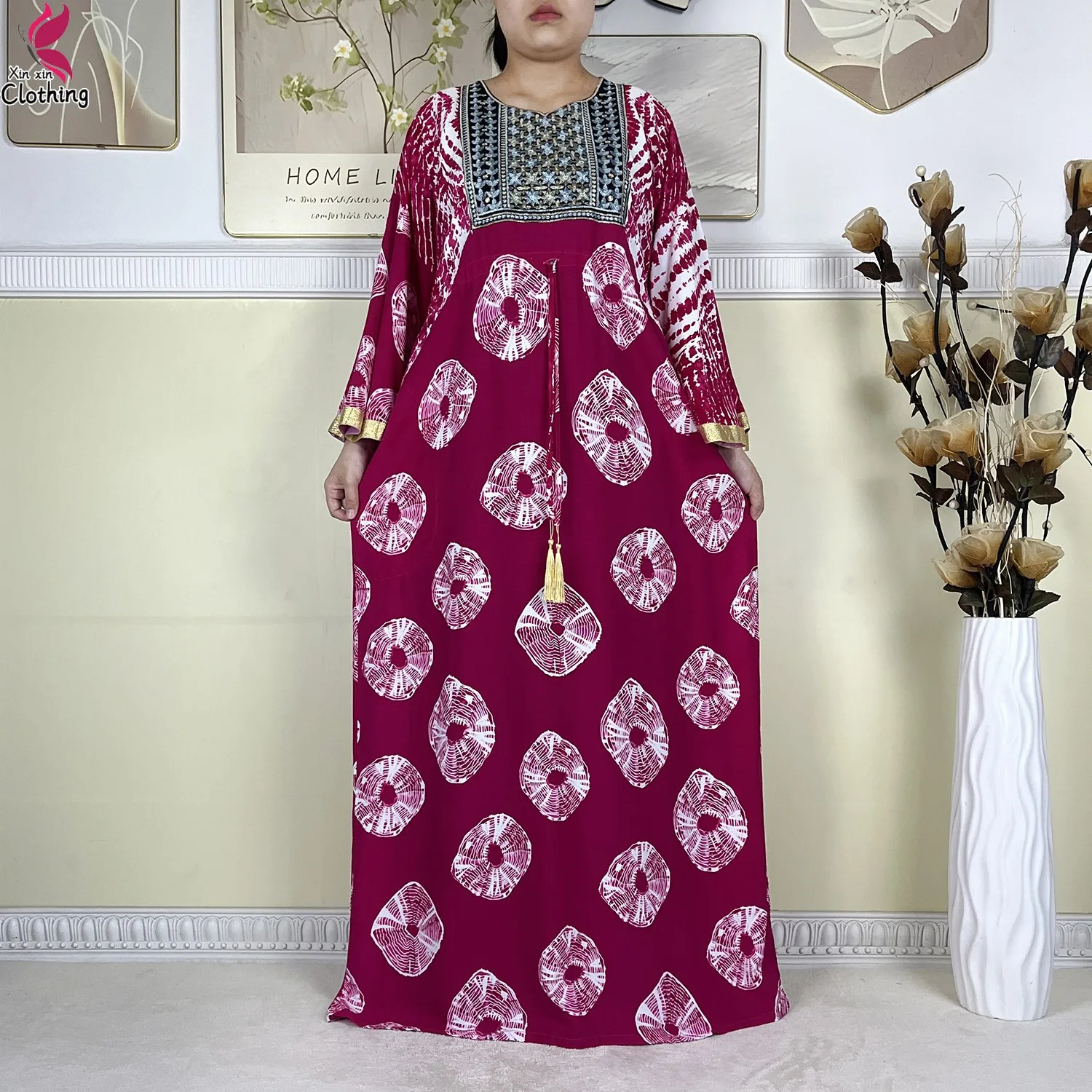 2025New موضة بدلة إسلامية امرأة Dashiki فستان عباية أفريقية الصيف Batwing كم القطن فضفاض فستان طويل سيدة فساتين إسلامية #4