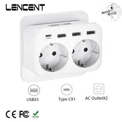 LENCEN EU Wall Socket Extender with 2AC Outlets 3 USB and 1 Type 5V 2.4A Power Charger Adapter Overload Protection for Home/Offi