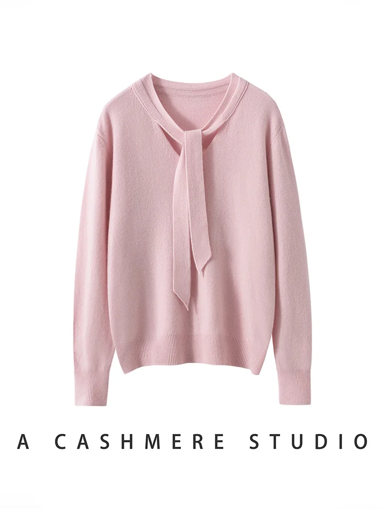 ผู้หญิง 100% เสื้อกันหนาวแคชเมียร์ริบบิ้น V คอออกแบบ Pullovers ฤดูใบไม้ร่วงฤดูหนาว Retro Retro สไตล์นุ่มเสื้อถักเสื้อผ้า Tops High-end