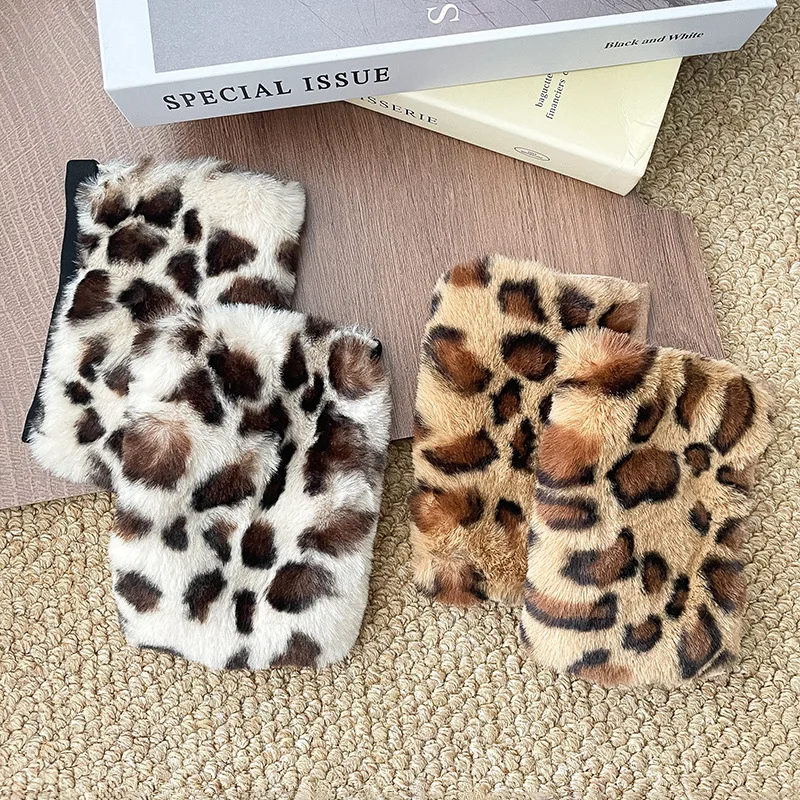 Winter Leopard Print Gloves, Women's Fur, Exposed Fingers, Half Fingers, Suede, Warm Gloves, Cute Style, High-end Gloves
