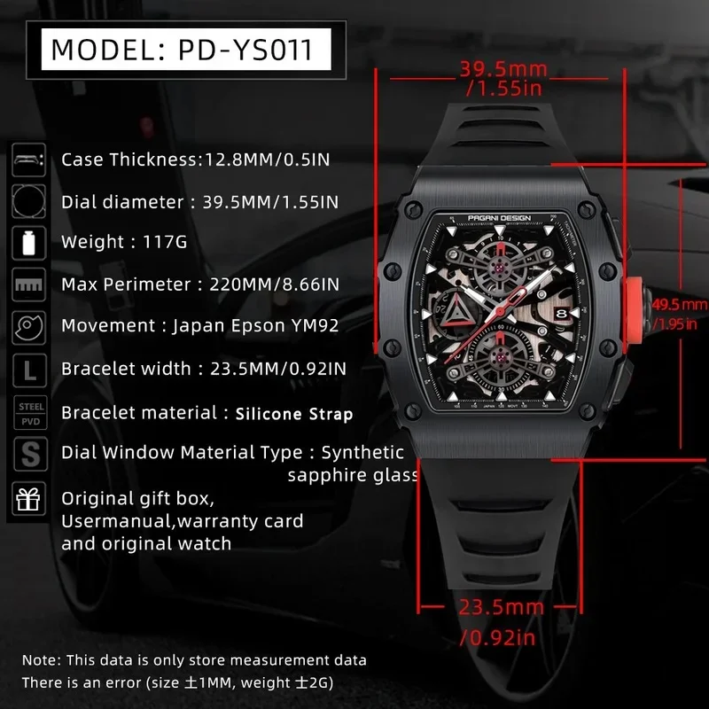 PAGANI DESIGN PD-YS011 Men Multi-Functional Sports Watch, Wine Barrel Hollow Dial, Japan EPSON YM92, Sapphire Crystal, Stainless