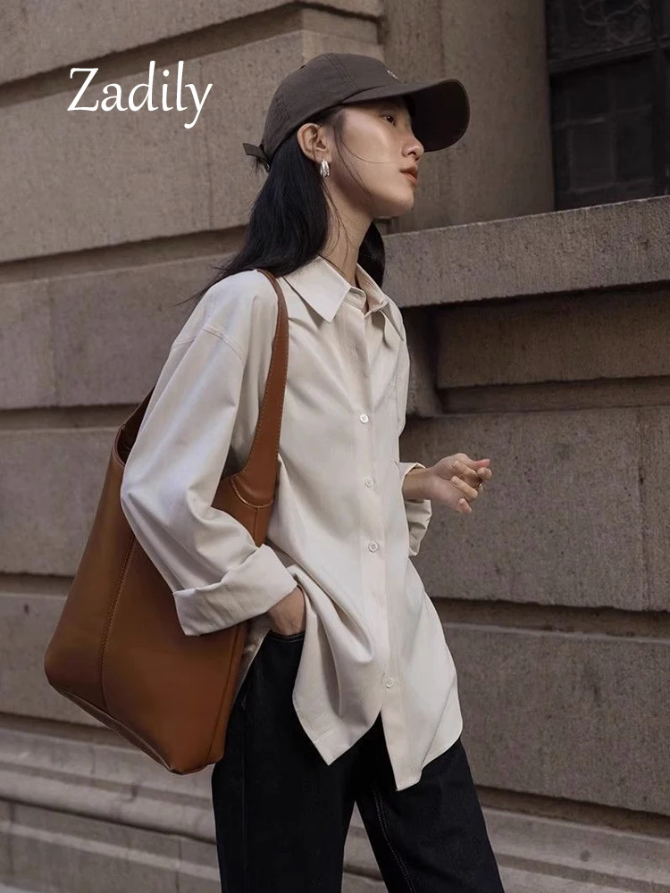 

Zadily 2024 Spring Office Lady Long Sleeve Women Oversize Baisc Shirt Minimalist Button Up Worn Ladies Blouse Female Clothing