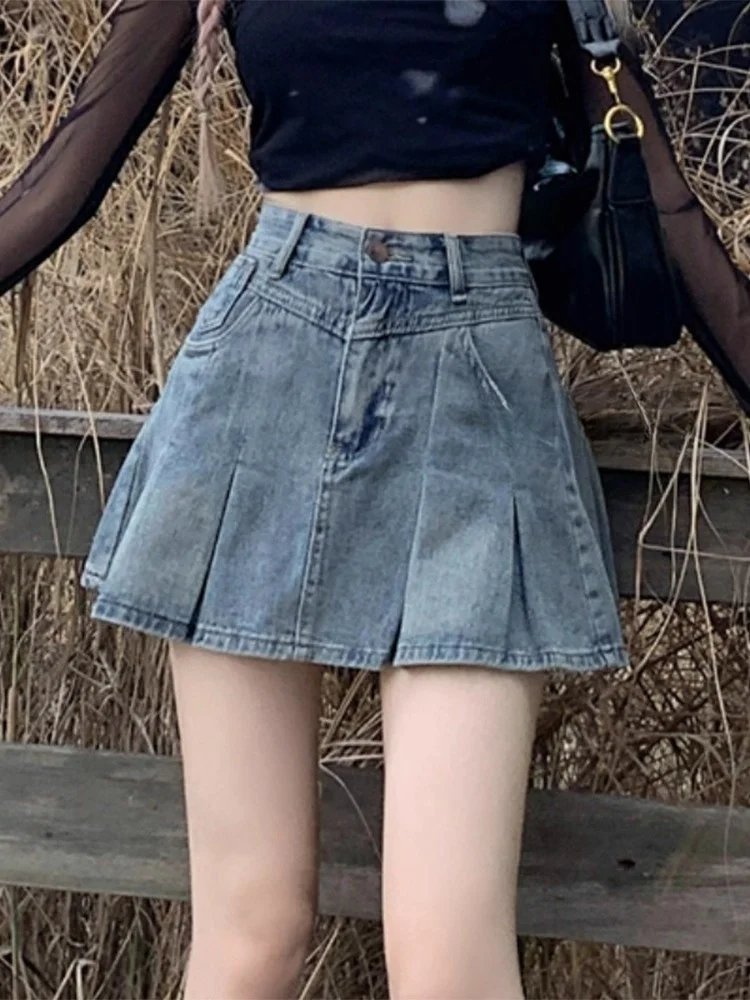 

High Waist American Retro Denim Skirt Women's Autumn New Pleated ort A-Line Skirts plus Size Casual Breathable Skirts