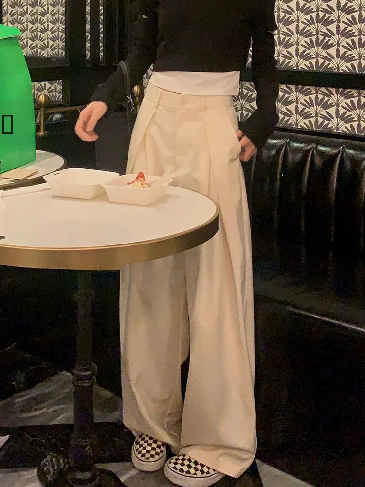 

Белые широкие брюки прямого кроя свободного покроя, облегающие, повседневные, осенне-зимние, женские, в пол, в корейском стиле