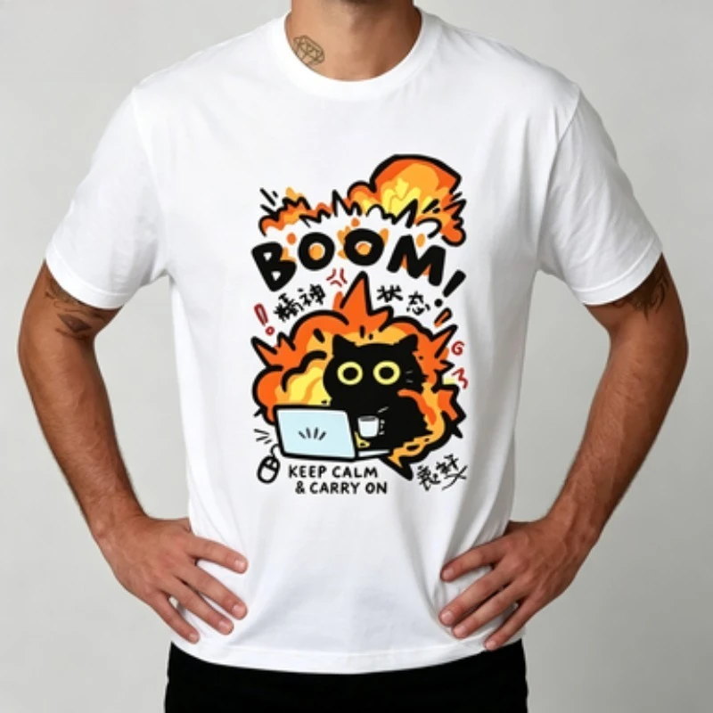 Fashion Men Casual T‑Shirt Cartoon Black Cat Explosion Effect Art Print Short Keep Calm Work Humor Urban Streetwear Tops for Men