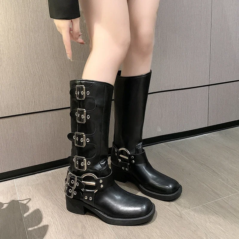 Woman Boots Knee High Platform Elegant Low Heel Trend Punk Gothic New Rock Leather Fashion Women's Shoes Motorcycle Footwear 40