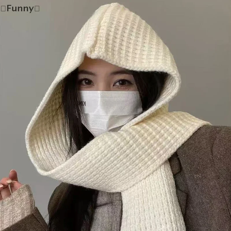 〔Lucu〕Syal Terpadu Hangat untuk Musim Gugur dan Musim Dingin, Topi Selendang Berkerudung, Syal Rajut Serbaguna, Topi Wol