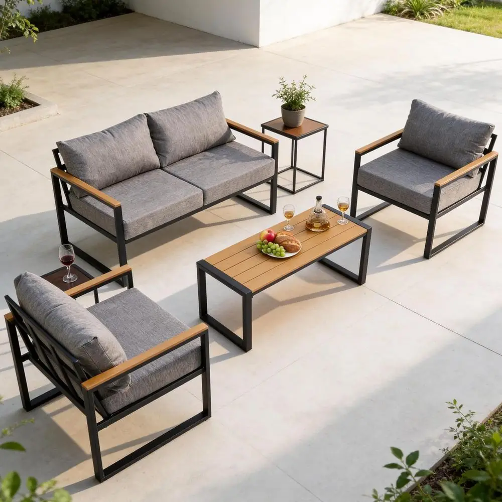 

Gray 4-Piece Outdoor Patio Furniture Set with Deep Seating, Metal Couch and Coffee Table, Ideal for Small Spaces, Deck, Poolside
