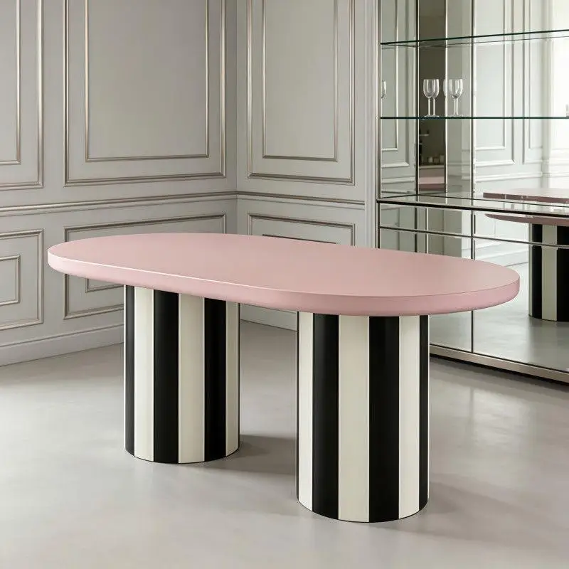 Cream style oval dining table, household table, pink and white stripes, design sense, simple and modern