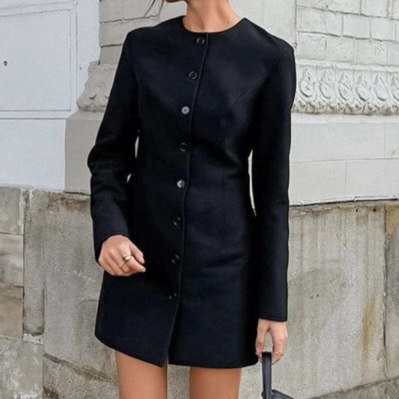 

Autumn Design Round Neck Long Sleeve Waist Slim A-shaped Skirt Long Small Blazer