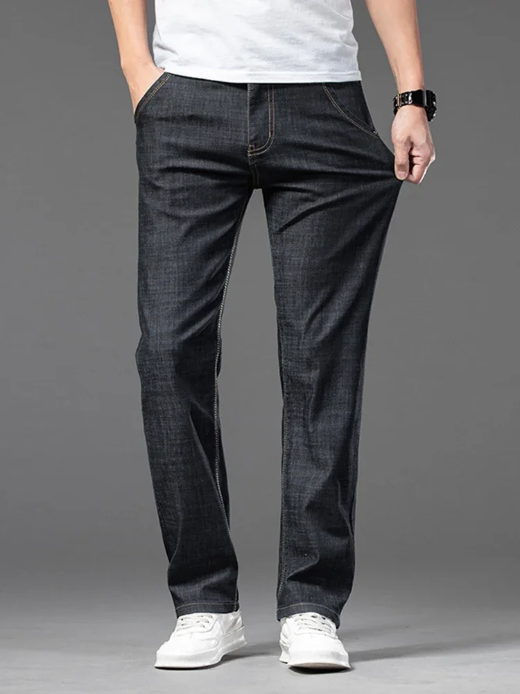 2024 Thin Men\'s Straight Jeans Classic Style Stretch Business Casual Baggy Denim Pants Male Brand Trousers Blue Black