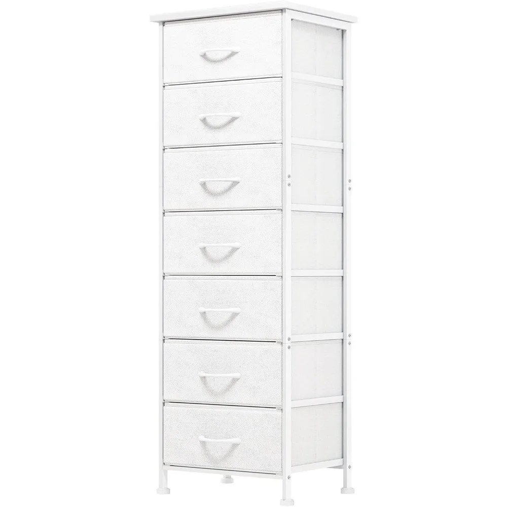 

White Tall Dresser for Bedroom, Storage Dresser Organizer with 7 Fabric Drawers, Nightstand Furniture in Closet, Entryway, Hall