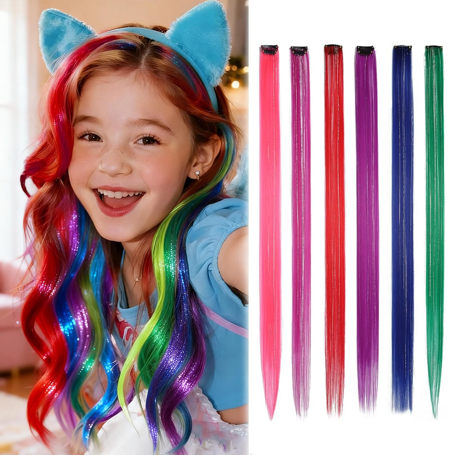 Synthetische Clip-in-Haarverlängerungen für Mädchen, 55,9 cm, mehrfarbig, 6 Stück/Packung, Regenbogen-glattes Haar, synthetische Haarteile – Detail 1