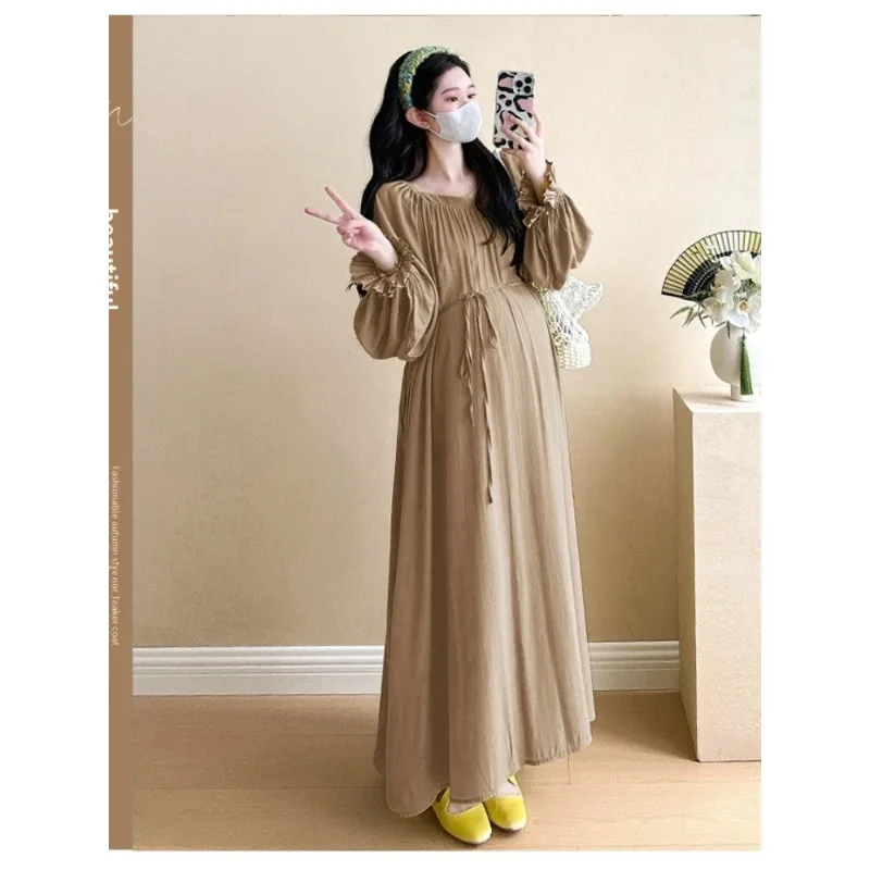 Autumn Plus Size Maternity Holiday Dress Flare Sleeve O-neck Elegant Pregnant Woman Beach Dress