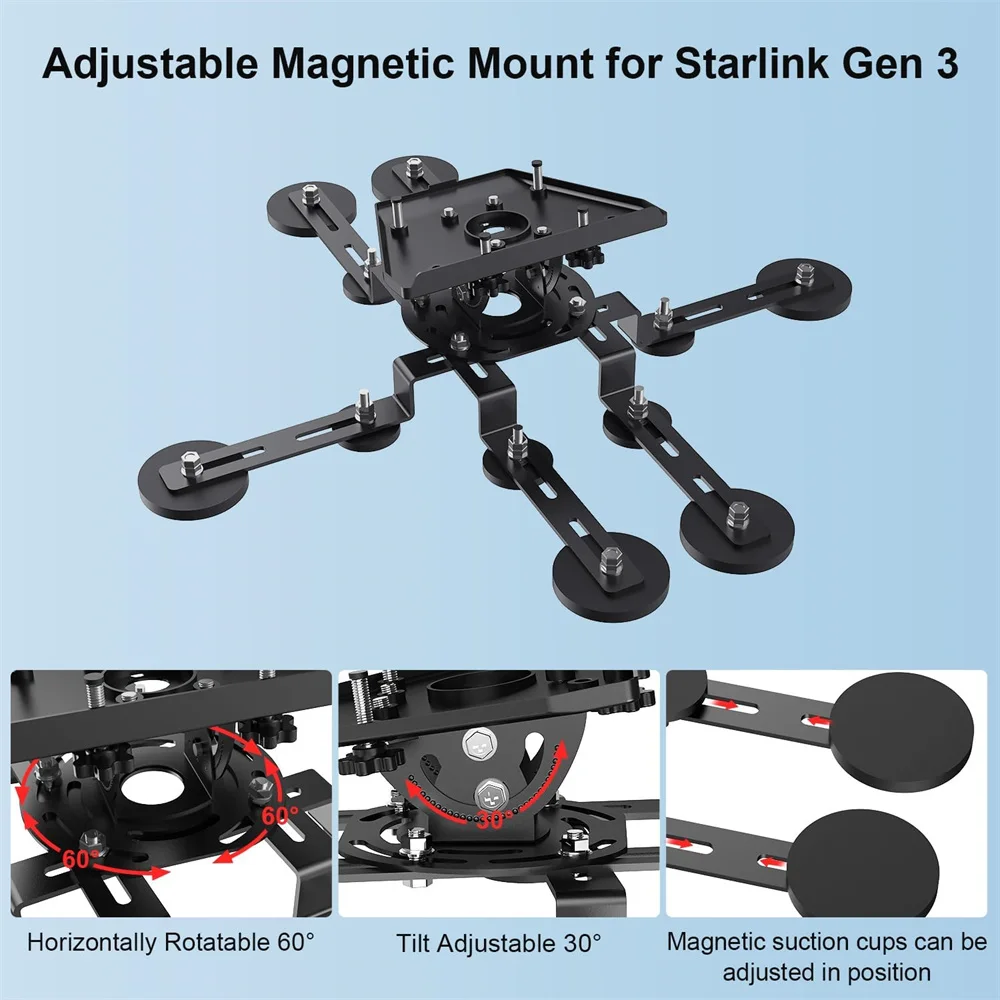 Starlink Gen 3 Magnetic Mount Bracket,160°Adjustable Tilt,Heavy-Duty Metal with Pipe Adapter,for Standard 4/4X/Enterprise Dish