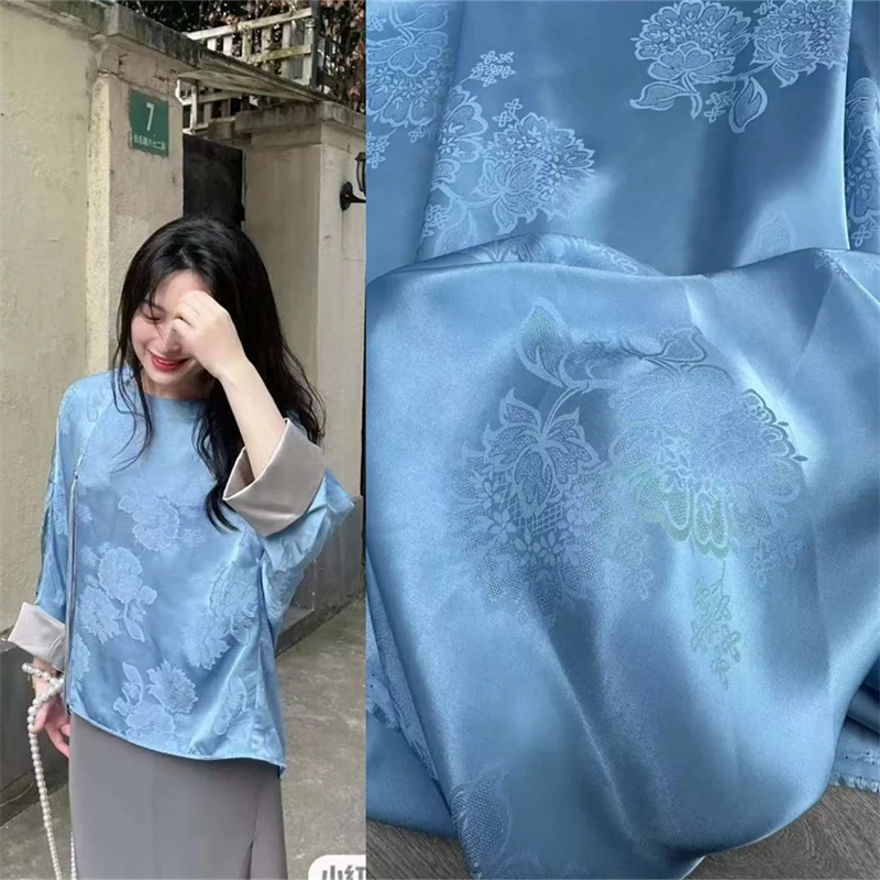 Fashion Star Same Blue Jacquard 100% Silk Dress Brocade Fabric 19momme112 Width Clothing Sewing Material Natural Silk Fabric