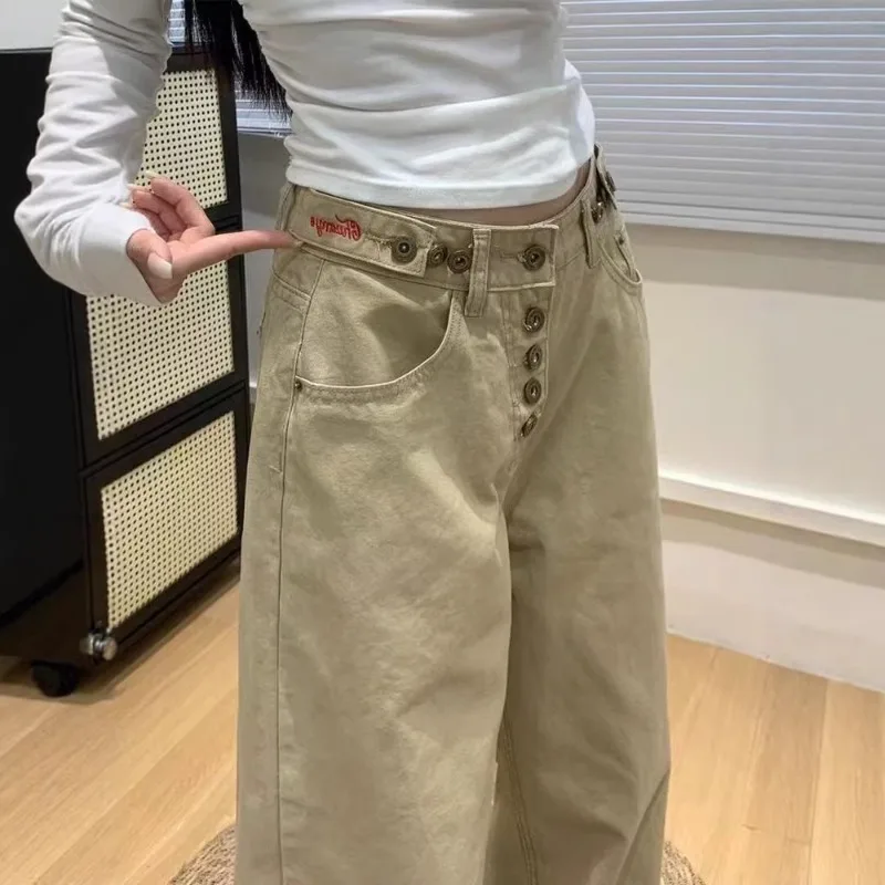 

Khaki Straight Wide-leg Jeans Women's 2026 Spring Summer New Pear-shaped Body Denim Low-waist Pants Female Long Pocket Trousers