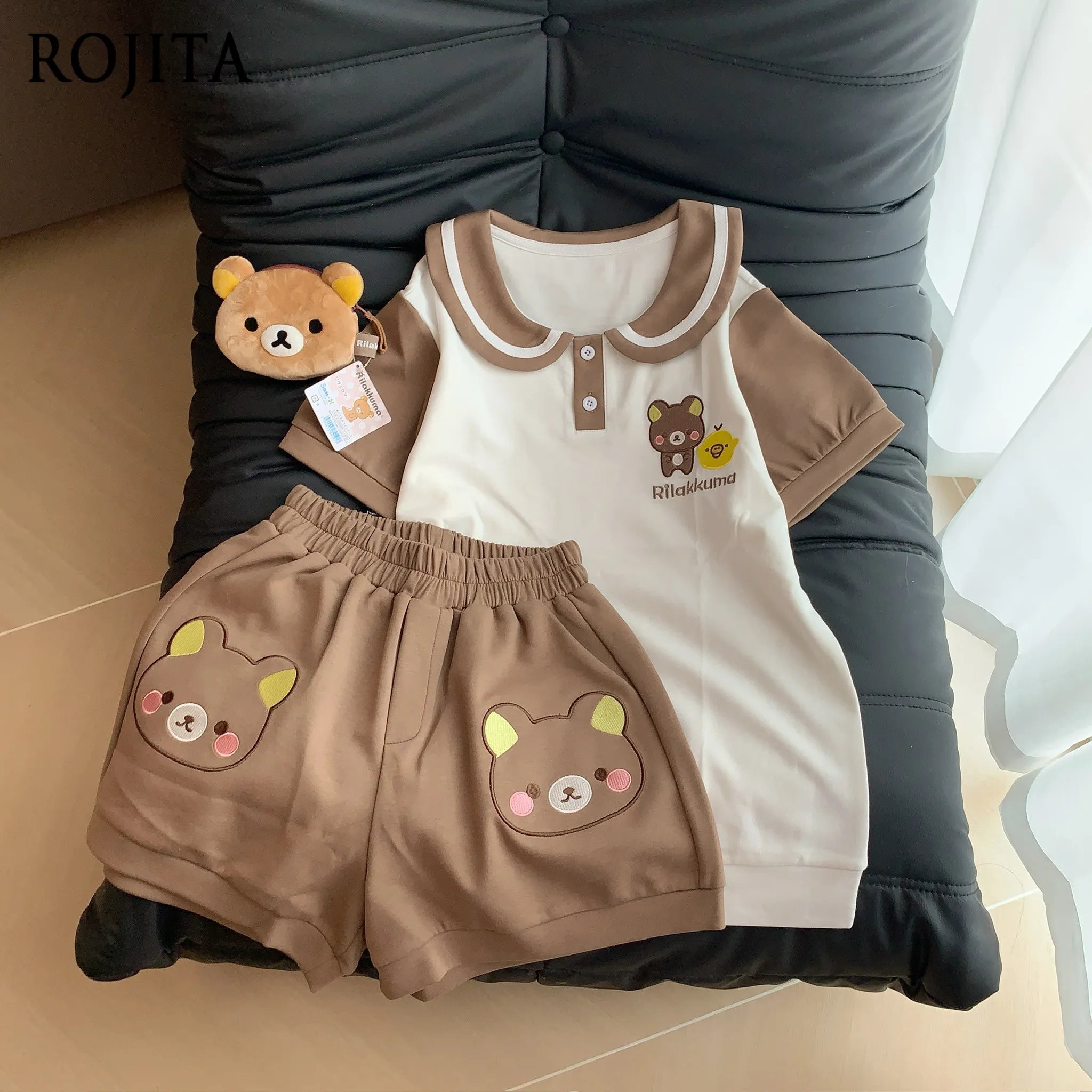 Cute Cartoon Embroidery Short Sleeved Tshirt Summer Sweet Pleated Mini Skirt Top and Bottom Sold Separately