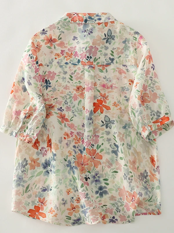 Country Sle Floral Print irt Large Size Women's Anti-Aging Flower Patterned f Sve Turn-down Collar Single Button Top