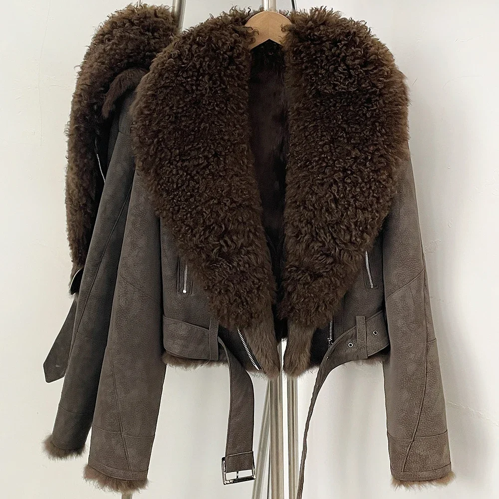 OFTBUY Kurzer Warmer Echt-Lammfellmantel Damen-Wildlederjacke mit Echtfellkragen Neue Herbstkollektion Natürliche Kaninchenfellkleidung für Frauen – Detail 8
