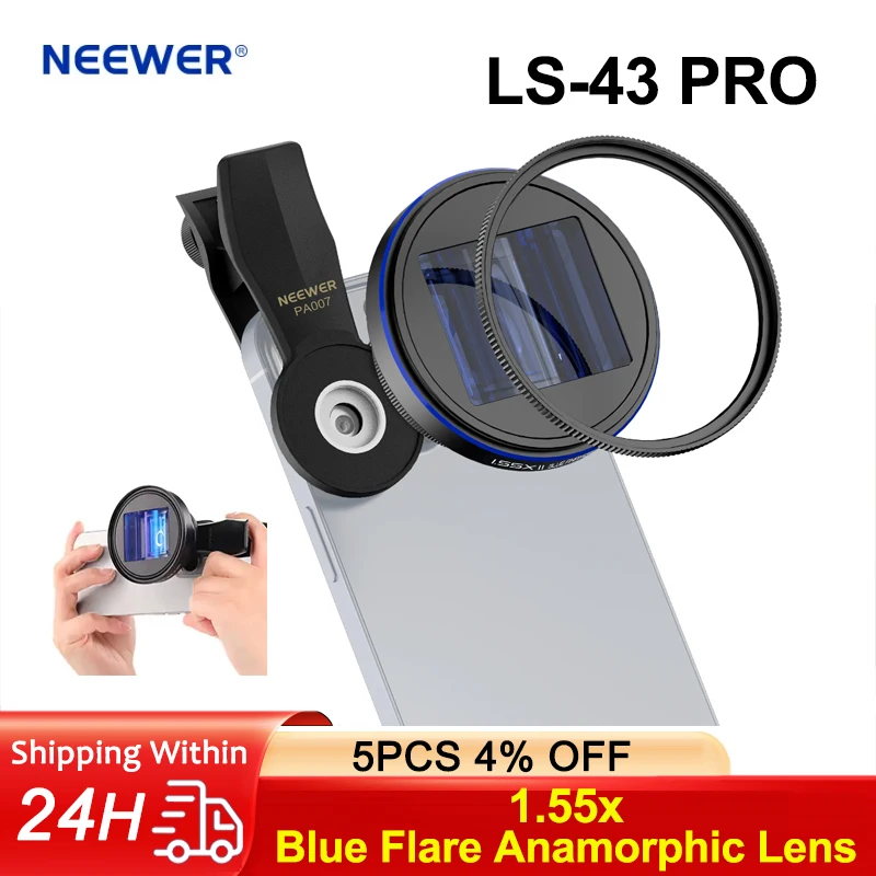 

NEEWER LS-43 PRO 1.55x Blue Flare Anamorphic Lens Multi Coated HD Optical Lens Compatible with Samsung Galaxy S24 S23 S22 Ultra