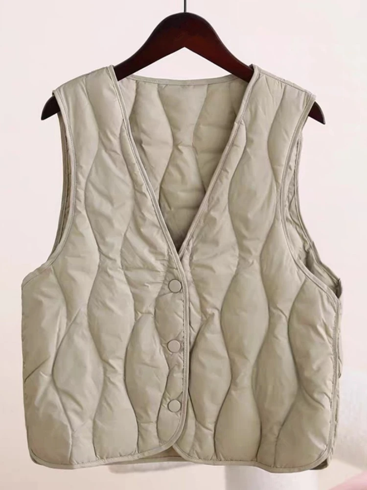 여성용 가벼운 다운 베스트 재킷 가을 겨울 짧은 마름모꼴 V넥 민소매 따뜻한 코트 90 화이트 덕 푸퍼 베이스 탱크탑 아우터