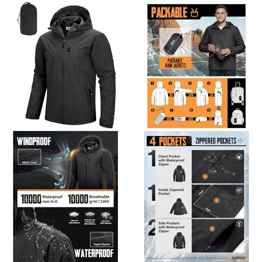 33, 000Feet Men's Packable Rain Jacket Lightweight Rain Shell Jacket with Hood Waterproof Raincoat for Cycling