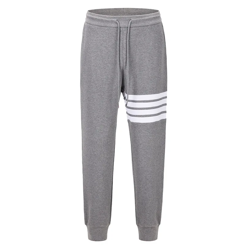 Men's sweatpants Luxury casual tide spring waffle autumn couple  four-bar striped cotton knitted Trousers