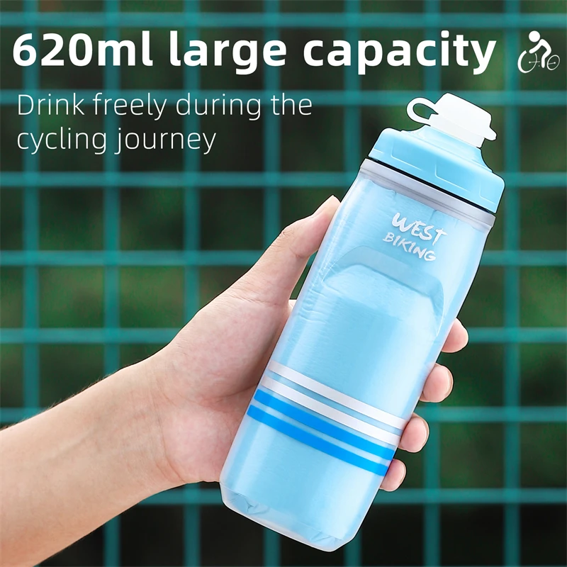 WEST BIKING Cycling Water Bottle Cold Water Insulated Thermal Silicone Bottle Fitnes Outdoor Bicycle Portable 620ml Water Kettle