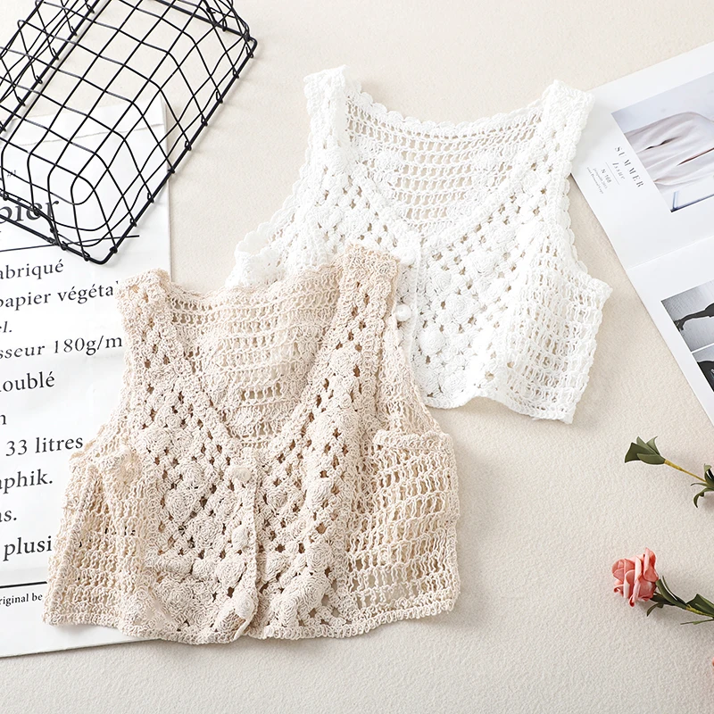 Spring Autumn Crochet Sweater Vest Women Korean Style Fashion V-neck Sleeveless Cropped Tank Top Beige White Shrug Cover-Up